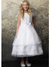 Cap Sleeves White Lace Organza Tea Length Flower Girl Dress